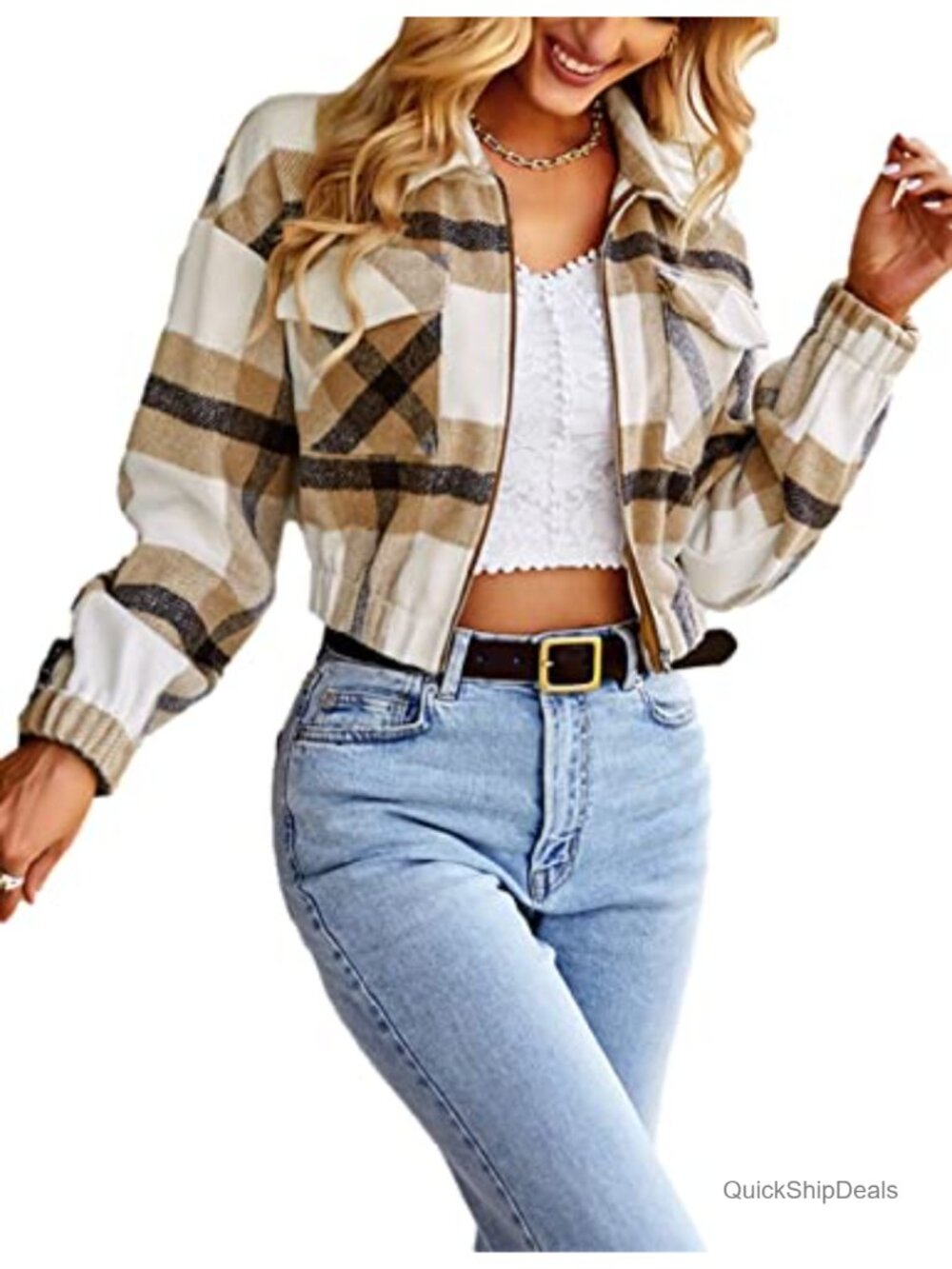 Cropped Plaid Flannel Zip Up Shacket, Lightweight